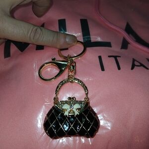 Gold-Tone Black Quilted Mini Purse Keychain Charm